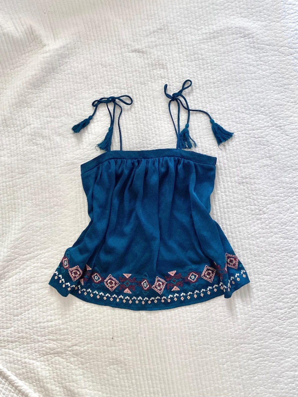 teal green silk bow tassel flowy tank top